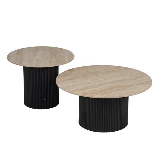 Table basse mina pied metal noir plateau travertin brillant