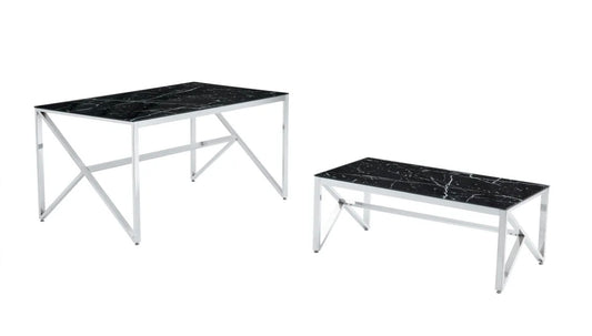 TABLE BASSE MAJESTIQUE CHROME VERRE MARBRE NOIR 120x60x45CM