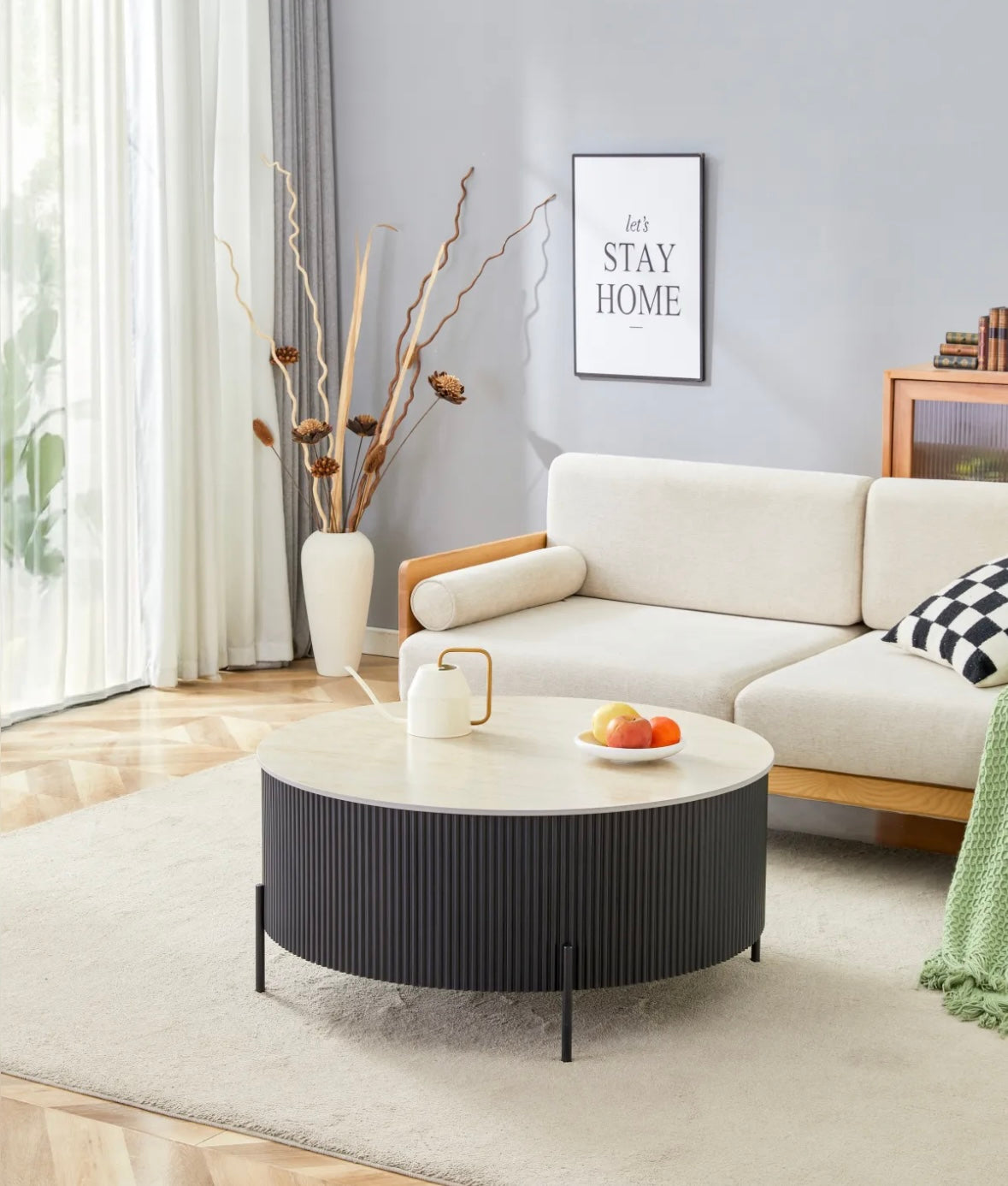 TABLE BASSE RUBY PIED NOIR CERAMIQUE EFFET TRAVERTIN MAT 80cm