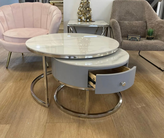 TABLE BASSE GIGOGNE NOVELA TIROIR GRIS PIEDS CHROME MARBRE BLANC 80+60cm