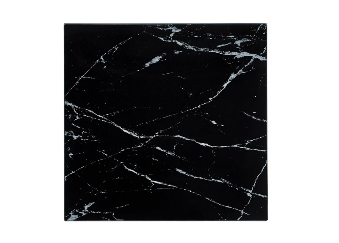 Table Basse ALINA Chrome plateau en verre marbré noir 80x80x45 cm