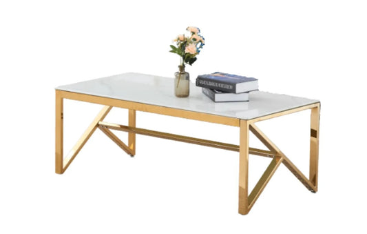 TABLE BASSE MAJESTIQUE GOLD VERRE MARBRE BLANC 120x60x45 cm