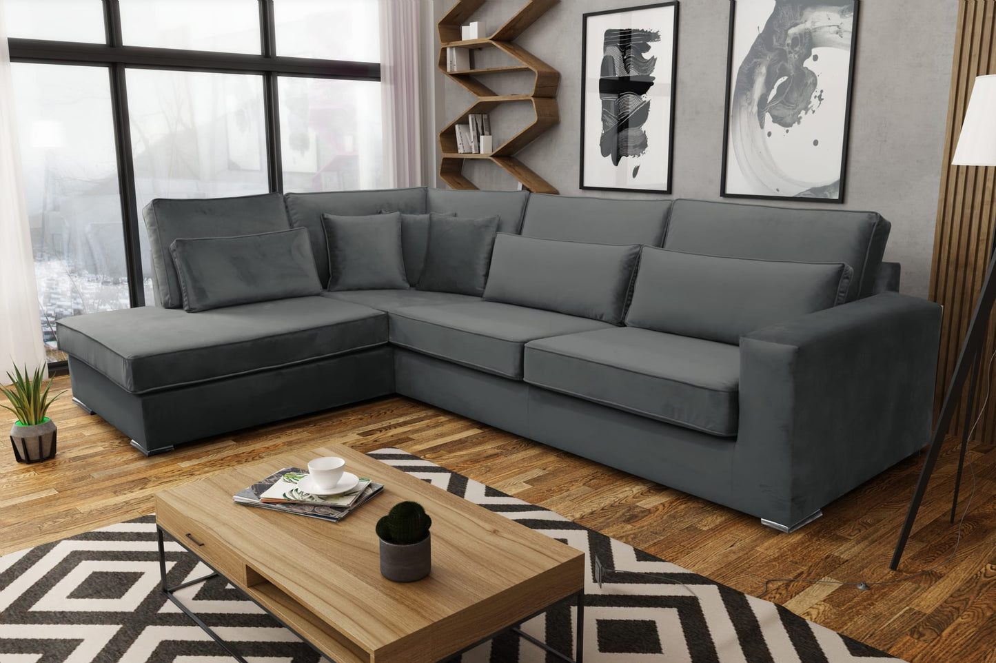 CANAPE LE BRISTOLA ANGLE GAUCHE VELOURS ANTHRACITE 315X230cm