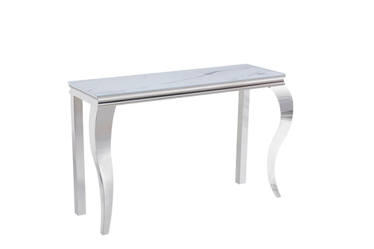 CONSOLE BAROQUE CHROME VERRE MARBRE BLANC 120X40X78