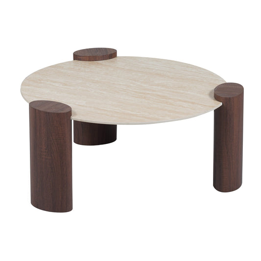 TABLE BASSE TRIQUETRA PIED MDF EFFET NOYER PLATEAU CERAMIQUE TRAVERTIN MAT 90CM