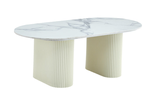 TABLE BASSE ROXY PIED BEIGE CERAMIQUE MARBRE BLANC 120x60x45cm