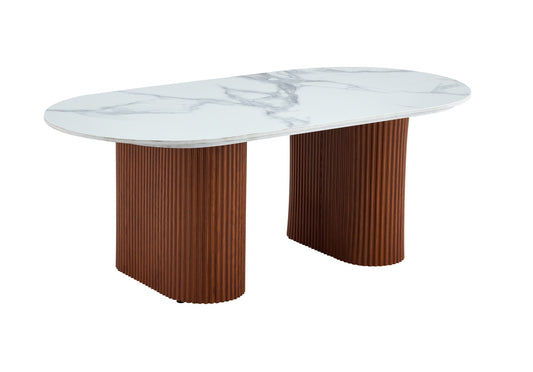 TABLE BASSE ROXY PIED NOISETTE PLATEAU CERAMIQUE MARBRE BLANC 120