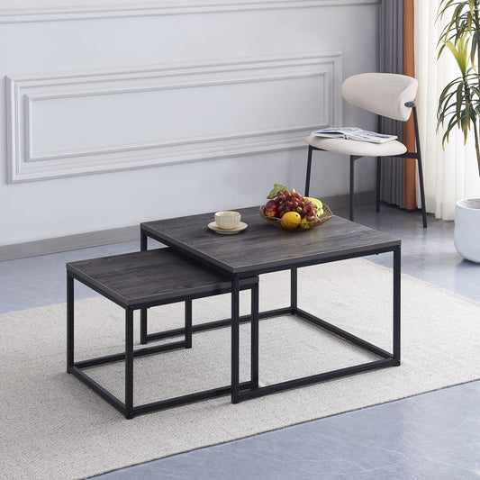 TABLE BASSE BELGRADE PIED METAL NOIR BOIS GRIS 70X70X46 / 50X50X40CM