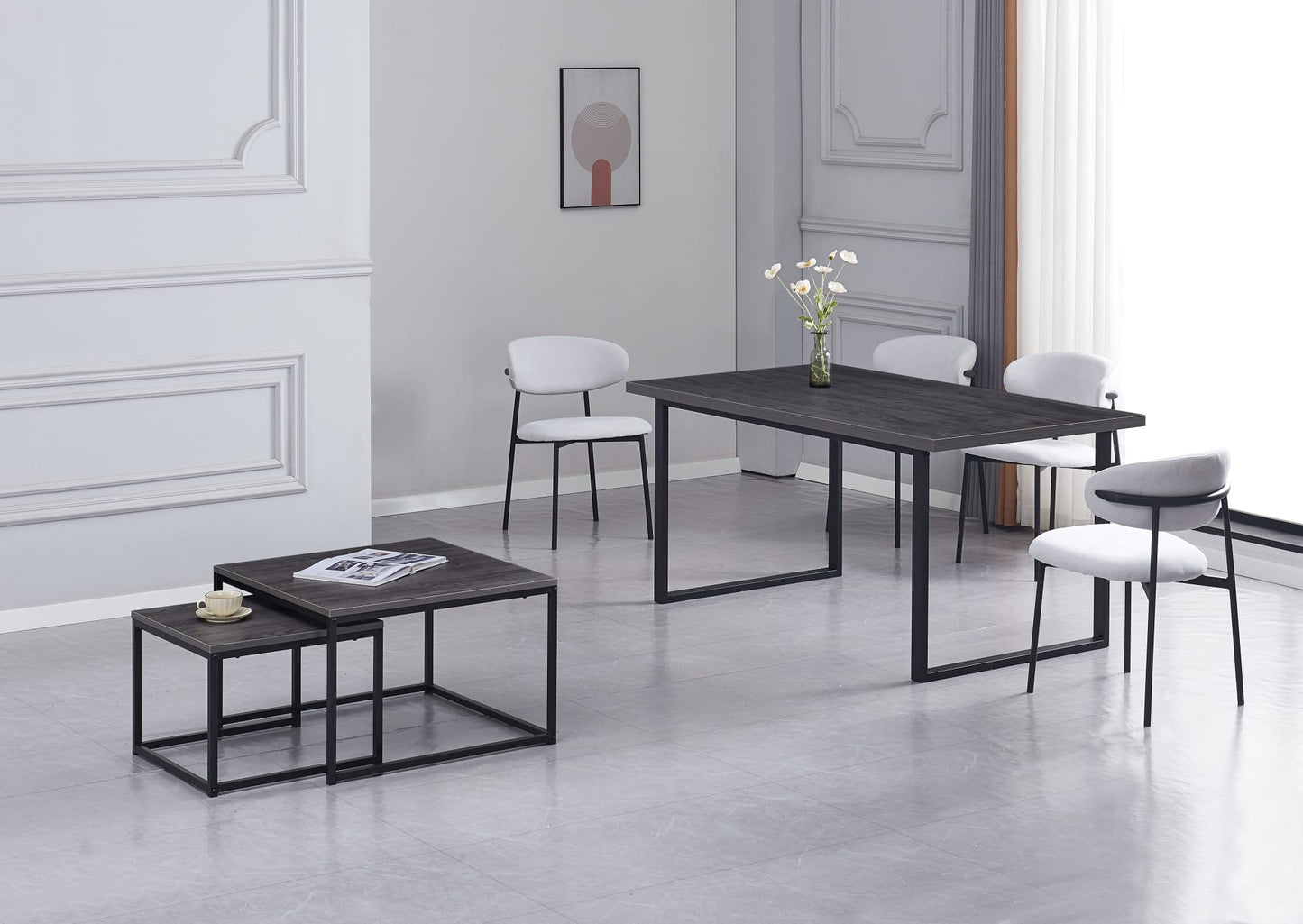 TABLE BASSE BELGRADE PIED METAL NOIR BOIS GRIS 70X70X46 / 50X50X40CM