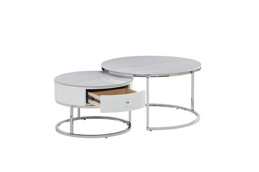 TABLE BASSE GIGOGNE NOVELA PIED CHROME PLATEAU CERAMIQUE MARBRE BLANC 80+60