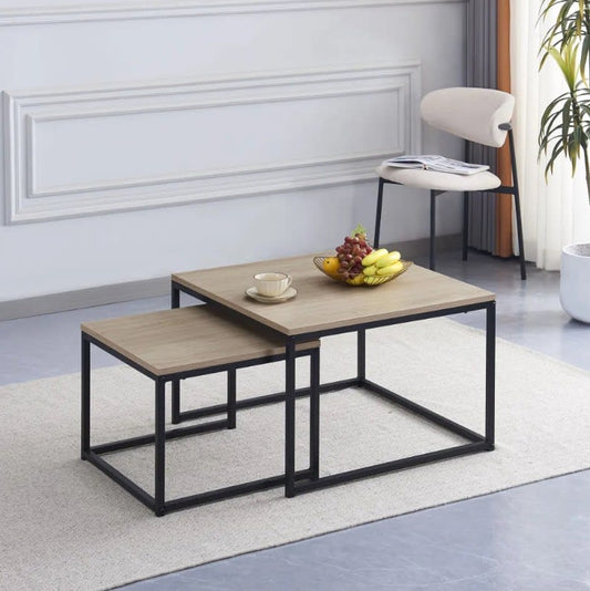 Table basse gigogne BELGRADE métal noir plateau en bois