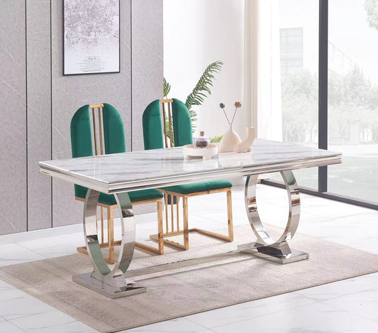 TABLE REPAS OMEGA CHROME MARBRE BLANC 180X90CM