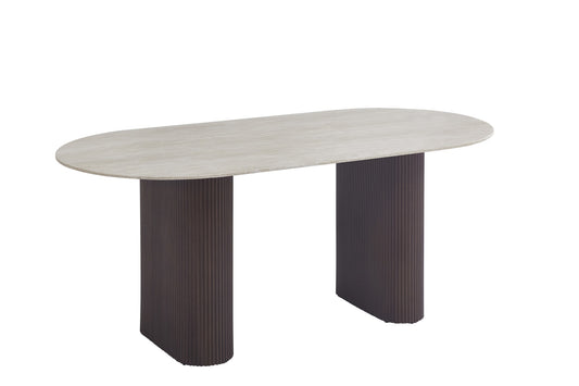 TABLE A MANGER ROXY PIED NOYER PLATEAU CERAMIQUE TRAVERTIN BRILLANT 180CM
