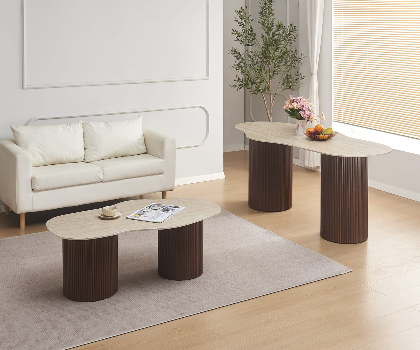 TABLE A MANGER NIKI PIED NOYER PLATEAU CERAMIQUE TRAVERTIN MAT 180CM