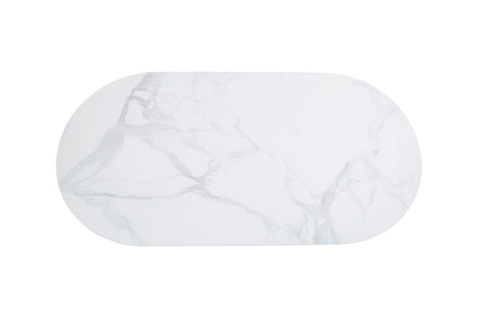 TABLE A MANGER SELENA PIED BEIGE PLATEAU CERAMIQUE MARBRE BLANC 180x90cm