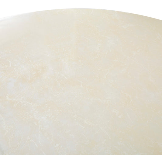 TABLE REPAS ANAÏS PIEDS TRAVERTIN PLATEAU CERAMIQUE BEIGE BRILLANT 120CM