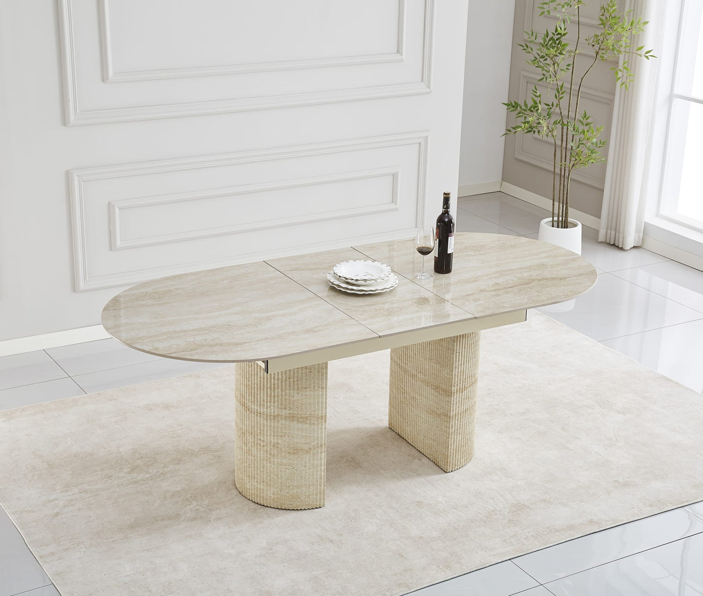 TABLE EXTENSIBLE SAHARA PIED EFFET TRAVERTIN PLATEAU CERAMIQUE TRAVERTIN BRILLAN 160/200x90x75