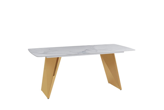 TABLE A MANGER GRAFFI PIED GOLD PLATEAU EN CERAMIQUE MARBRE BLANC180x90x75cm