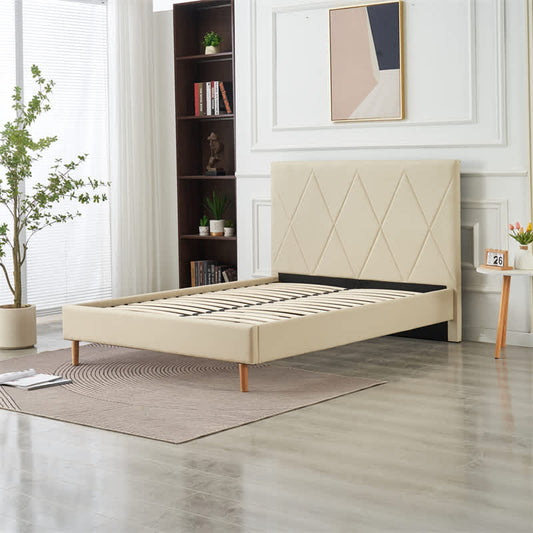 LIT DOUBLE SQUARE PIED BOIS SIMILICUIR BEIGE 160X200CM