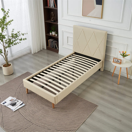 LIT SIMPLE SQUARE PIED BOIS SIMILICUIR BEIGE 90X190CM