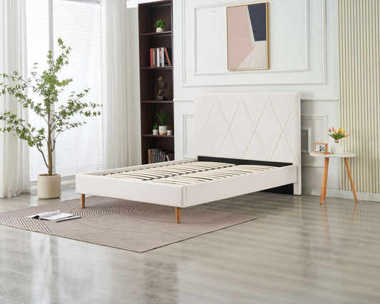 LIT DOUBLE SQUARE PIED BOIS SIMILICUIR BLANC 140X190CM