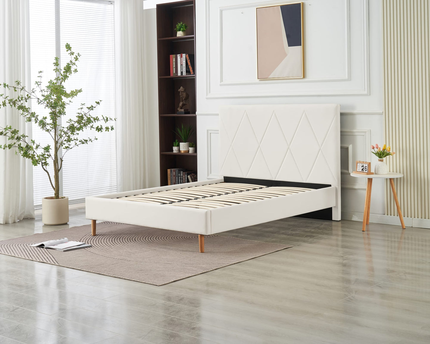 LIT DOUBLE SQUARE PIED BOIS SIMILICUIR BLANC 160X200CM