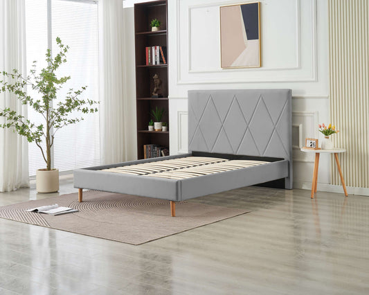 LIT DOUBLE SQUARE PIED BOIS SIMILICUIR GRIS 140X190CM