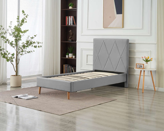 LIT SIMPLE SQUARE PIED BOIS SIMILICUIR GRIS 90X190CM