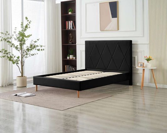 LIT DOUBLE SQUARE PIED BOIS SIMILICUIR NOIR 140X190CM