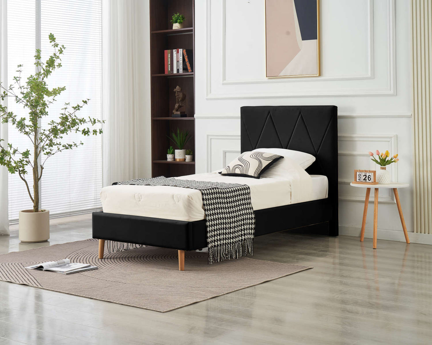 LIT SIMPLE SQUARE PIED BOIS SIMILICUIR NOIR 90X190CM