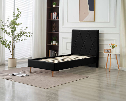 LIT SIMPLE SQUARE PIED BOIS SIMILICUIR NOIR 90X190CM