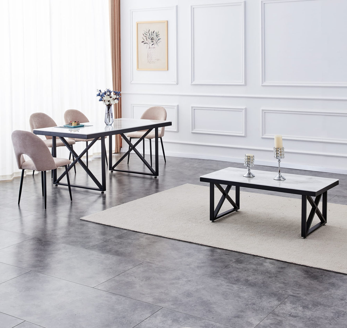 TABLE REPAS LEVANTO METAL NOIR MARBRE BEIGE 180x90x75 cm