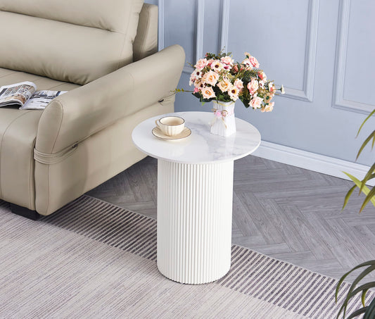 GUERIDON VALMY PIEDS BEIGE PLATEAU CERAMIQUE MARBRE BLANC 50x55cm