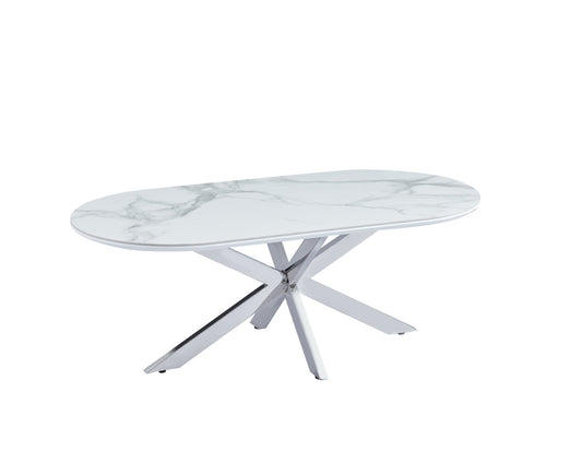 TABLE BASSE MANON PIED CHROME PLATEAU CERAMIQUE MARBRE BLANC 120X60CM