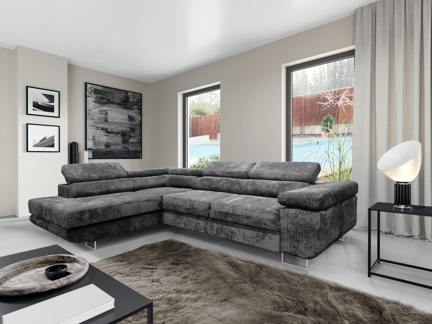 CANAPE TOULOUSE ANGLE GAUCHE COTELE GRIS 275x202cm
