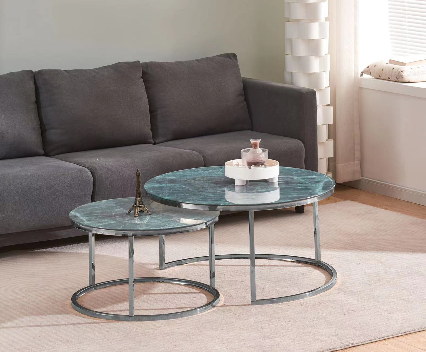 TABLE BASSE GIGOGNE ROMEO CHROME MARBRE GRIS- VERT