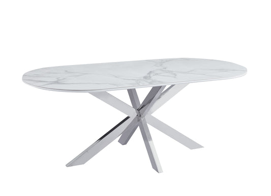 TABLE REPAS MANON PIED CHROME PLATEAU CERAMIQUE MARBRE BLANC 200x100cm