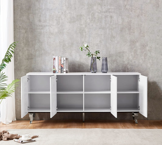 BUFFET BAROQUE LAQUE BLANC 4 PORTES 180X40X80 CM PIEDS CHROME