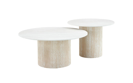 TABLE BASSE GIGOGNE MINA PIED TRAVERTIN PLATEAU CERAMIQUE BOIS BLANC 60x45cm + 80x38cm