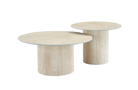 TABLE BASSE GIGOGNE MINA PIED TRAVERTIN PLATEAU CERAMIQUE TRAVERTIN MAT 60x45cm + 80x38cm