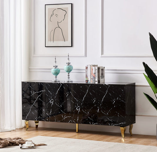 BUFFET BAROQUE LAQUE MARBRE NOIR 4 PORTES 180X40X80 CM PIEDS GO