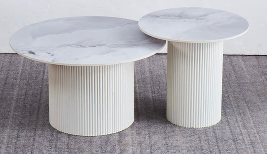 TABLE BASSE GIGOGNE POLPO PIED BEIGE PLATEAU CERAMIQUE MARBRE GRIS 70X70X38 + 50X50X45CM