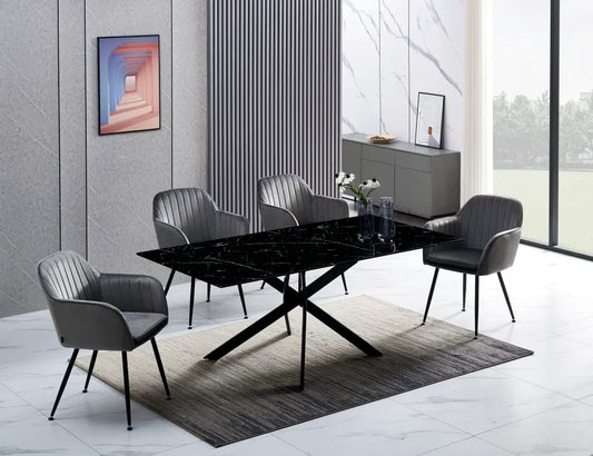 Table Repas JESSICA Métal noir et plateau en verre 150 cm 4 à 6 couverts