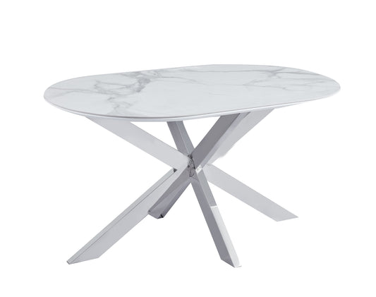 TABLE REPAS MANON PIED CHROME PLATEAU CERAMIQUE MARBRE BLANC 150x90cm