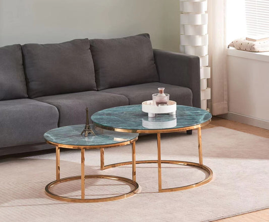 TABLE BASSE GIGOGNE ROMEO GOLD MARBRE GRIS-VERT 80x45 + 60x38 c