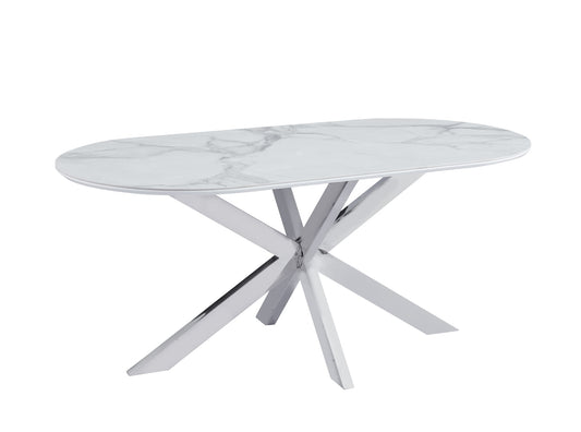 TABLE REPAS MANON PIED CHROME PLATEAU CERAMIQUE MARBRE BLANC 180x90cm