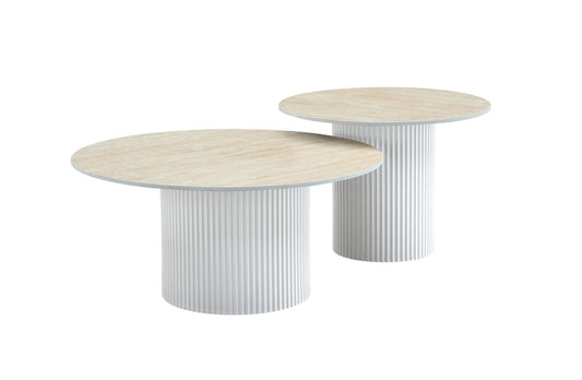 TABLE BASSE GIGOGNE MINA PIED BLANC PLATEAU CERAMIQUE TRAVERTIN MAT 60x45cm + 80x38cm
