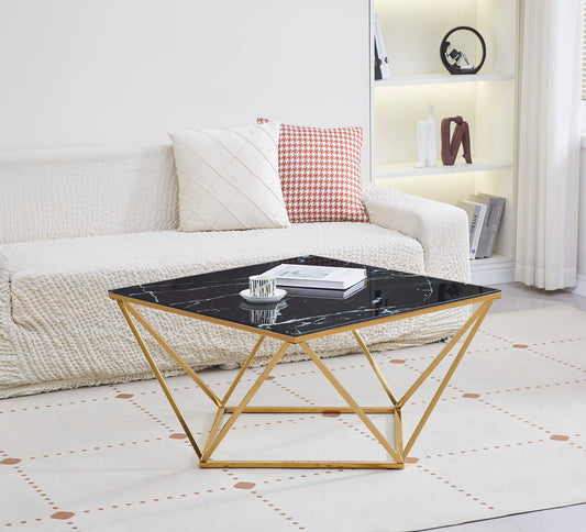 TABLE BASSE ALINA GOLD VERRE MARBRE NOIR 80X80X45cm