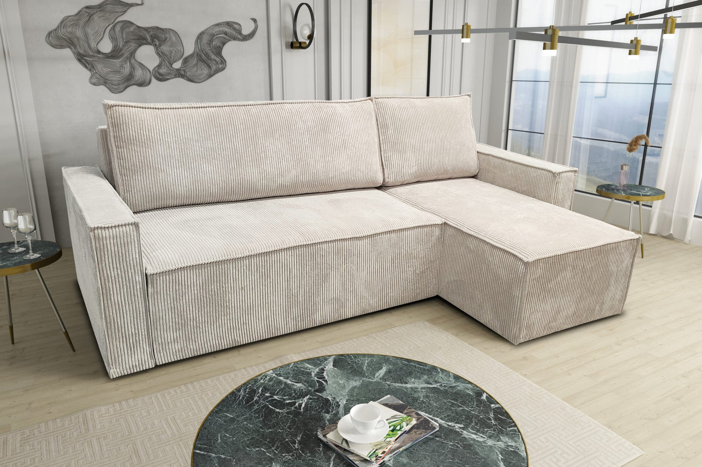 CANAPE PARIS PEARL CONVERTIBLE ANGLE REVERSIBLE CÔTELÉ ÉCRU 232x147x72cm
