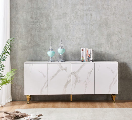 BUFFET BAROQUE LAQUE MARBRE BLANC 4 PORTES 180X40X80 CM PIEDS G